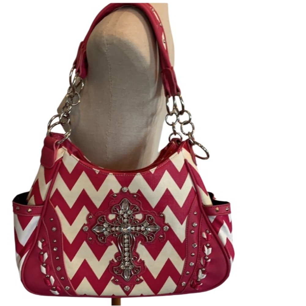 Purse Shoulder bag handbag rhinestones Christian cross large pink white chevrons